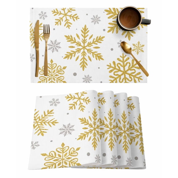 Winter Snowflake Placemats Set of 1 Christmas Yellow Sequins Texture Abstract Heat Insulation Washable Place Mats, Rustic Non-Slip Table Mats for Dining Table Party Kitchen Decor,13x19 Inch