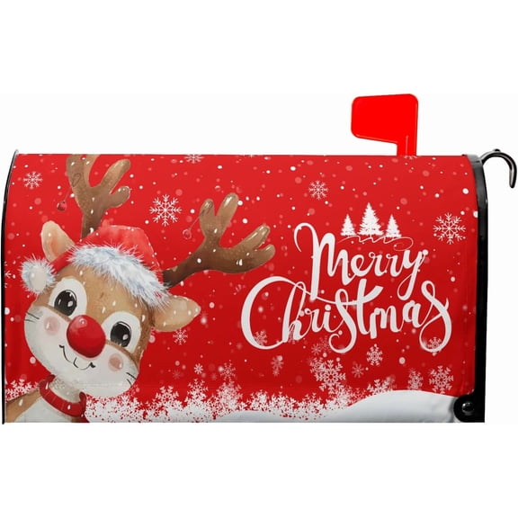 Winter Snowflake Red Mailbox Covers Magnetic Standard Size 18" X 21",Merry Christmas Reindeer Mailbox Wraps Post Letter Christmas Box Cover for Holiday Garden Yard Decor
