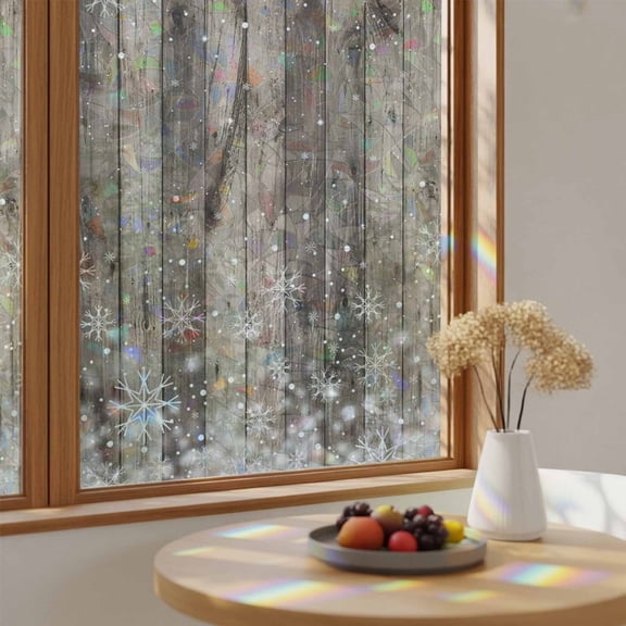 Winter Snowflake Retro Wood Board Window Privacy Film,Heat Control Sun Blocking Static Cling Rainbow Film,Farmhouse Wooden Non-Adhesive Glass Sticker Door Window Tint,23.6" x 59"