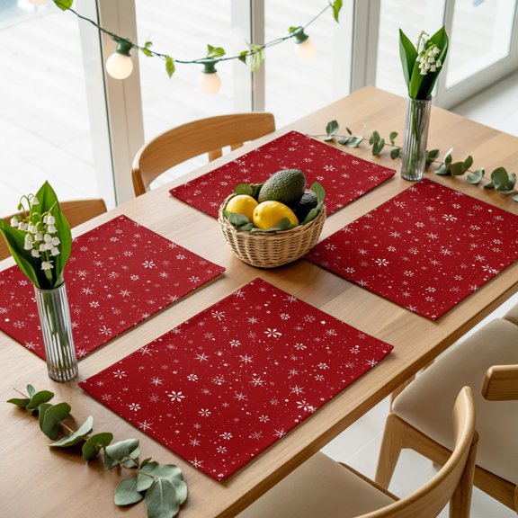 Winter Snowflake Seamless Placemats Set of 4,Wipeable Washable Table Mats for Dining Tables, Christmas Red Falling Snow Place Mats for Kitchen Event Party Tabletop Decor
