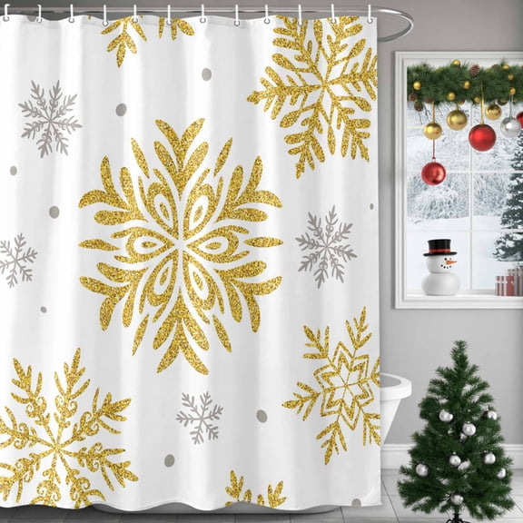 Winter Snowflake Shower Curtains for Bathroom, Christmas Yellow Sequins Texture Abstract Waterproof Fabric Shower Curtain for Bathroom Bathtub Decoration, Machine Washable, 36"x72"
