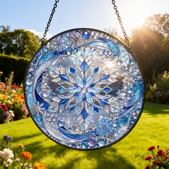 Winter Snowflake Stained Glass Suncatcher Window Hanging Gift for Mom or Dad