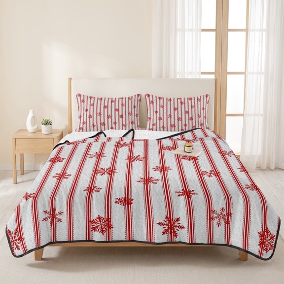 Winter Snowflake Stripe 3 Pieces Quilt Set,1 Quilt with 2 Shams,Abstract Red Snowy Line Bedspread Soft Lightweight Bedding Coverlet Comforter Set for All Season 96"x106"