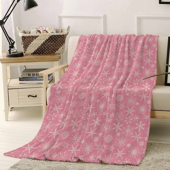 Winter Snowflake Throw Flannel Blanket 50x60In Christmas Pink Background Modern Retro Super Soft Cozy Bed Blanket, Lightweight Plush Fuzzy Bed Throw for Bedroom Sofa Couch Living Room