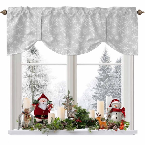 Winter Snowflake Tie Up Valances Curtain, Christmas Gray Background Modern Adjustable Rod Pocket Short Window Treatment Tie Up Curtains Valances for Kitchen Living Room Bathroom 54x18 Inches