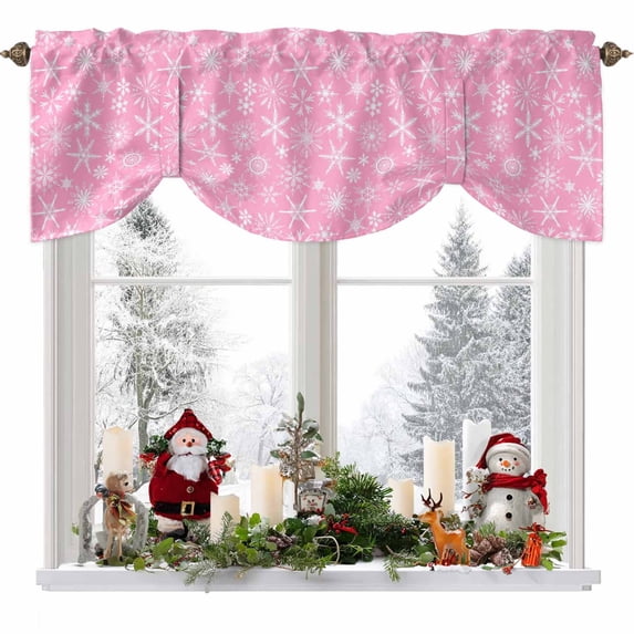 Winter Snowflake Tie Up Valances Curtain, Christmas Pink Background Modern Adjustable Rod Pocket Short Window Treatment Tie Up Curtains Valances for Kitchen Living Room Bathroom 42x12 Inches