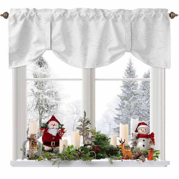 Winter Snowflake Tie Up Valances Curtain, Gray Background Christmas Snow Simple Adjustable Rod Pocket Short Window Treatment Tie Up Curtains Valances for Kitchen Living Room Bathroom 60x18 Inches