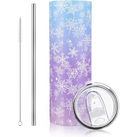 Winter Snowflake Tumbler 20 oz Stainless Steel Insulated Skinny Travel Cup Lid Straw Brush Blue