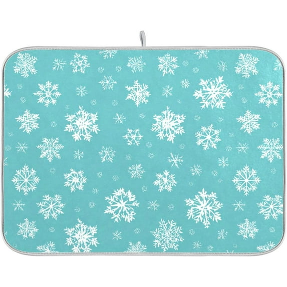 Winter Snowflake Turquoise Dish Drying Mat for Kitchen Countertop 16x18 Christmas Snow Aqua Xmas Small Drying Mat Reusable Quick Dry Dish Sink Mats Easy Clean Decorative Essentials