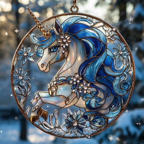 Winter Snowflake Unicorn ACRYLIC Suncatcher Icy Blue Mane & Crystal Flowers Round Window Hanging, Fantasy Decor, Holiday Gift Idea