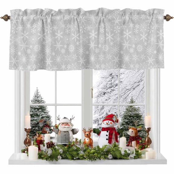 Winter Snowflake Valances for Windows, 42 x 18in, Christmas Gray Background Modern Rod Pocket Kitchen Valance Curtain Light Filtering Window Treatments for Living Room Bedroom, 1 Panel