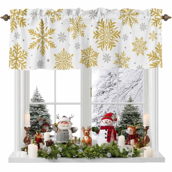 Winter Snowflake Valances for Windows, 42 x 18in, Christmas Yellow Sequins Texture Abstract Rod Pocket Kitchen Valance Curtain Light Filtering Window Treatments for Living Room Bedroom, 1 Panel