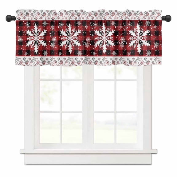 Winter Snowflake Valances for Windows Christmas Red Black Plaid Silhouette Rod Pocket Curtain Valance Window Treatment Short Curtains for Kitchen Living Room, 42"x12"
