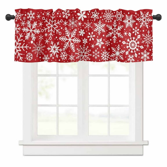 Winter Snowflake Valances for Windows Christmas Retro Red Background Rod Pocket Curtain Valance Window Treatment Short Curtains for Kitchen Living Room, 60"x14"