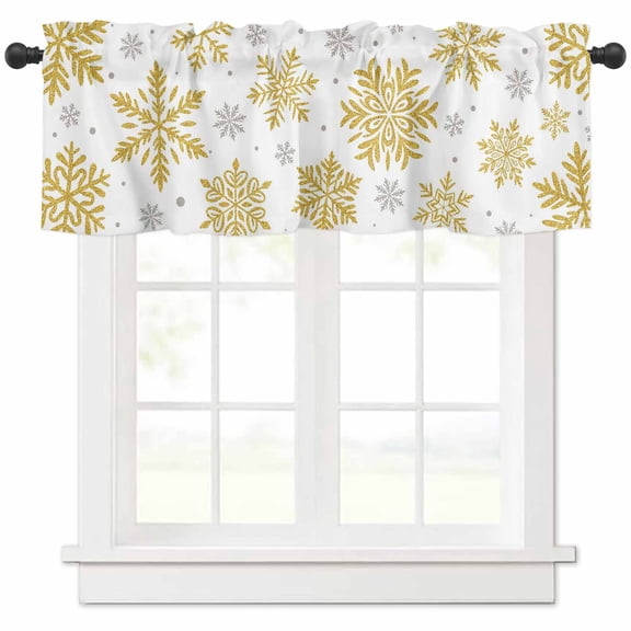 Winter Snowflake Valances for Windows, Christmas Yellow Sequins Texture Abstract Light Filtering Window Treatment Valances, Rod Pocket Small Curtains for Kitchen/Bathroom, 42"x12"