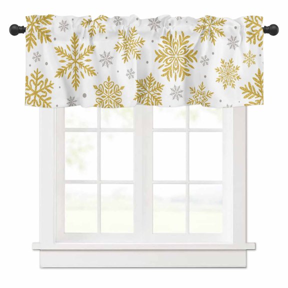 Winter Snowflake Valances for Windows Christmas Yellow Sequins Texture Abstract Rod Pocket Curtain Valance Window Treatment Short Curtains for Kitchen Living Room, 58"x16"
