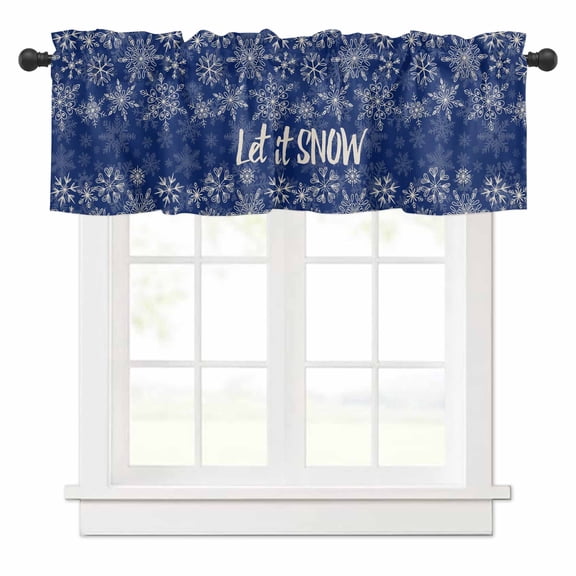 Winter Snowflake Valances for Windows Snow Christmas Navy Background Rod Pocket Curtain Valance Window Treatment Short Curtains for Kitchen Living Room, 42"x12"