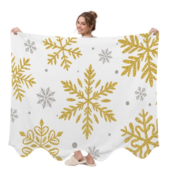 Winter Snowflake Wearable Blanket, Christmas Yellow Sequins Texture Abstract Plush Thick Cozy Flannel Oversized Adult Throw Body Wearable Blankets with Pocket Gifts for Women Men 58x64in