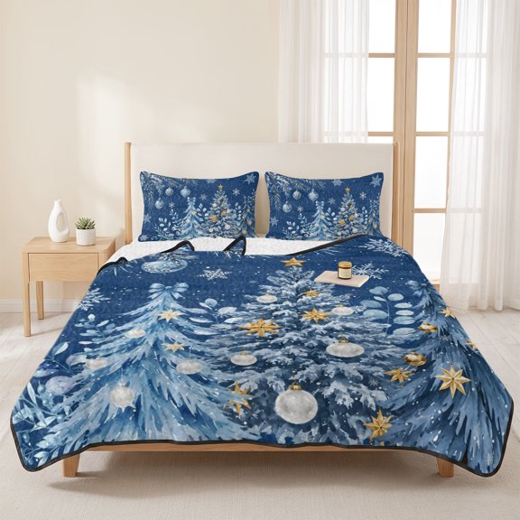 Winter Snowflake Xmas Tree 3 Pieces Quilt Set,1 Quilt with 2 Shams,Navy Blue Berry Leaf Christmas Theme Bedspread Soft Lightweight Bedding Coverlet Comforter Set for All Season 96"x106"