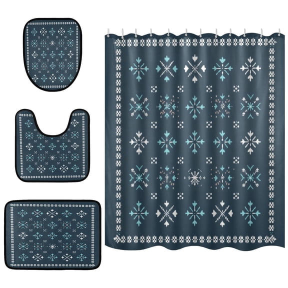 Winter Snowflakes Bathroom Accessory Curtain Sets Bath Curtain Anti-Slip Mats and Toilet Pad 66x72in