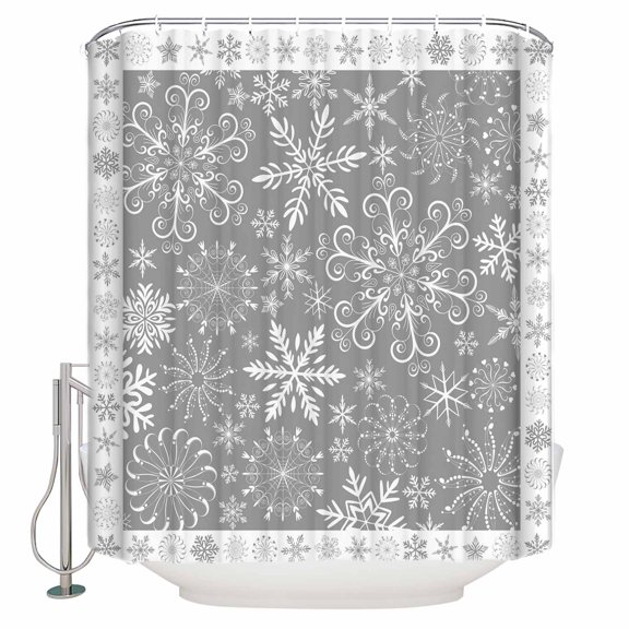 Winter Snowflakes Bathroom Shower Curtains with Hooks, Christmas Abstract Art Gray Background Waterproof Fabric Washable Shower Curtain for Home Hotel Bathtub Decor 60x72 Inch