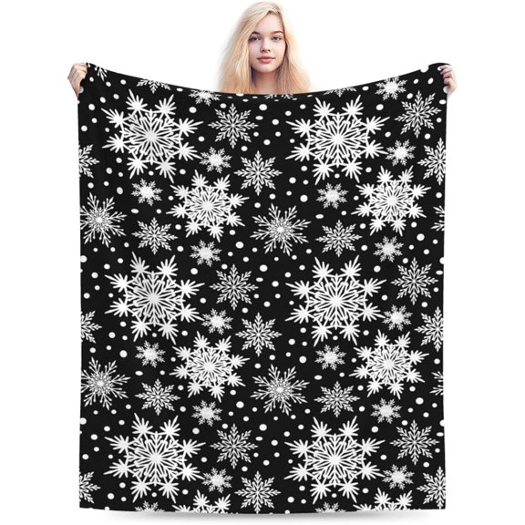 Winter Snowflakes Black Blanket Ultra Soft Warm All Season Christmas Decorative Fleece Blanket for Bed Chair Car Sofa Couch Bedroom 50"X40"