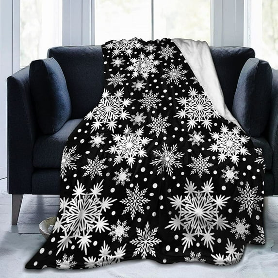 Winter Snowflakes Black Throw Blanket Ultra Soft Warm All Season Christmas Decorative Fleece Blankets for Bed Chair Car Sofa Couch Bedroom 50"X40"