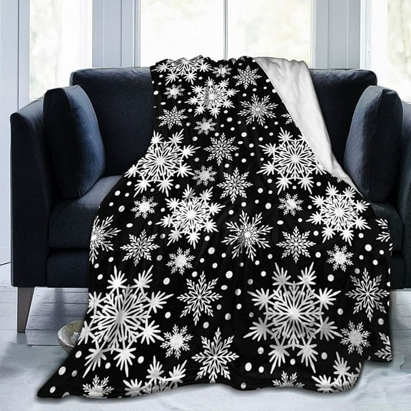 Winter Snowflakes Black Throw Blanket Ultra Soft Warm All Season Christmas Decorative Fleece Blankets for Bed Chair Car Sofa Couch Bedroom 60"X50"