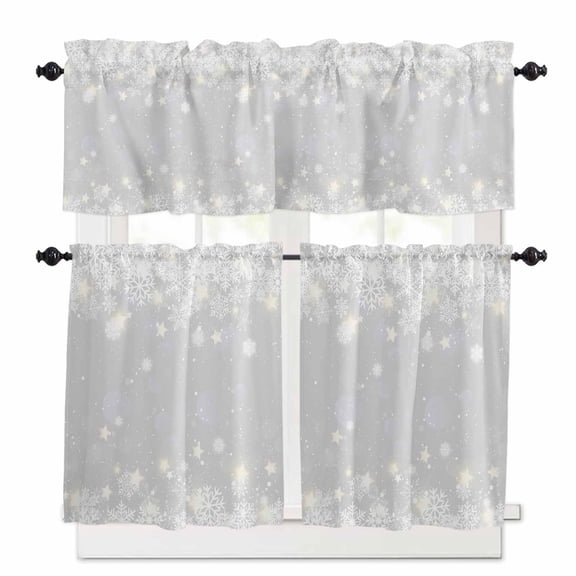 Winter Snowflakes Bright Kitchen Curtains and Valances Set, Yellow Christmas Star Xmas Gray Rod Pocket Window Valance Window Curtain Panels for Living Room Bedroom Laundry, 27.5x36in, 3 Pieces