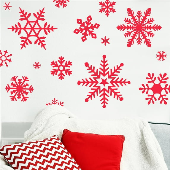 Winter Snowflakes Christmas Decals and Decor Vinyl Lettering Decal Stickers Self Adhesive - XXL set of 12- Sizes Range from 5"-16" - Color: Red