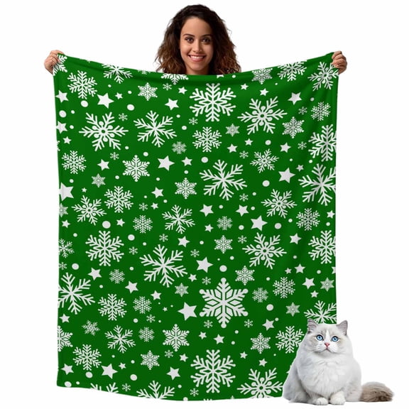 Winter Snowflakes Fleece Throw Blanket Lightweight Christmas Abstract Art Star Green Fuzzy Flannel Throws Super Soft Cozy Flannel Blanket for Couch, Sofa, Bed, Travel 40"x50"