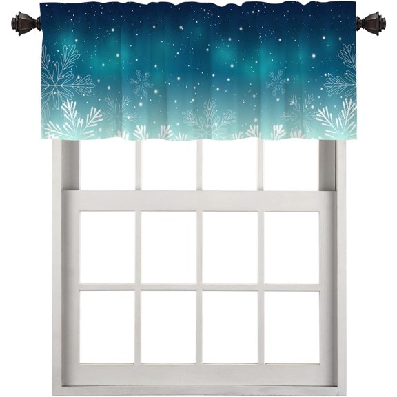 Winter Snowflakes Kitchen Valances for Windows,Turquoise Blue Christmas Snowflakes Blackout Valances Curtains Multilayer Polyester Drapes for Kitchen Bedroom 1 Pack 52X18 Inches