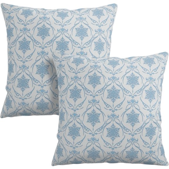 Winter Snowflakes Pillow Covers Blue Block Print Throw Pillow Covers Vintage Neutral Pillowcase 20x20 Set of 2 Elegant French Cushion Case for Living Room Couch Sofa