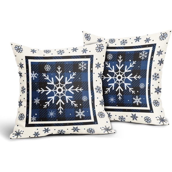 Winter Snowflakes Pillow Covers Set of 2 20x20in Christmas Blue Black Buffalo Plaids Cotton Linen Throw Pillowcases Holiday Indoor Outdoor Sofa Couch Square Cuchion Covers Decor