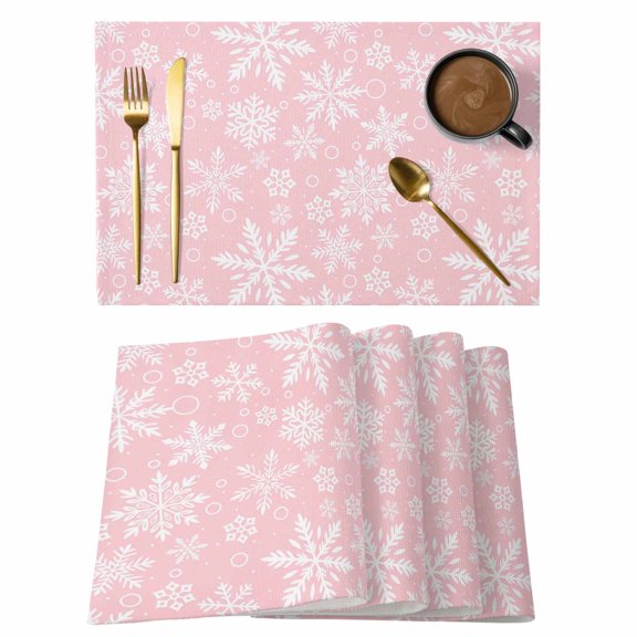 Winter Snowflakes Placemats Set of 1, Pink Background Abstract Art Snow Non-Slip Place Mats Washable Table Mats for Kitchen Dining Table Decorations Indoor/Outdoor