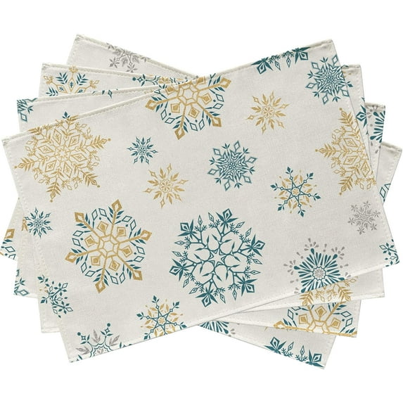 Winter Snowflakes Placemats Set of 4, Gold Blue Tabletop Dining Table Place Mats Home Kitchen Decor, Seasonal Farmhouse Rustic Christmas Holiday Decoration 12 x 18 Inch