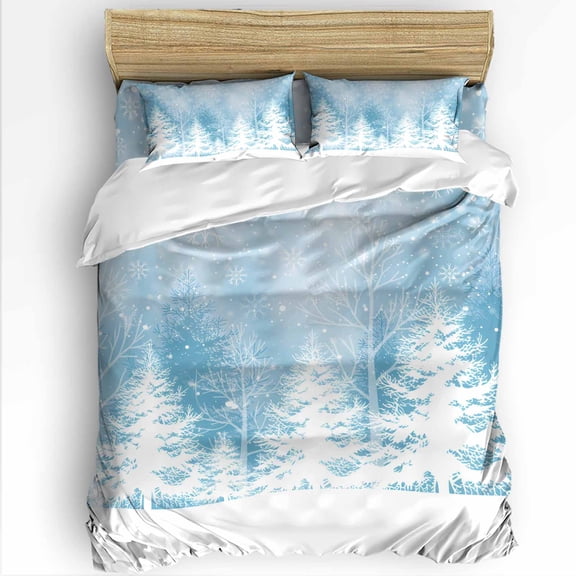 Winter Snowflakes Queen Size Comforter Set, Christmas Tree Fantasy Snow Scenery Soft Bedding for All Seasons, 4 Pcs Bed Set with 1Comforter (90"x92") ,1 Sheet(94"x116"), 2 Pillowcases (19"x29")