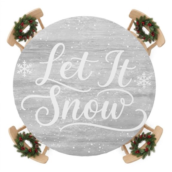 Winter Snowflakes Round Fitted Table Cover Let Snow Text Gray Wood Grain Rustic Country Waterproof Table Cloth with Elastic Edge Wipeable Tablecloth for Picnic Camping Party Fits 36"-44" Tables