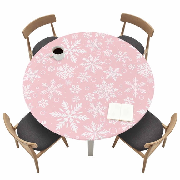 Winter Snowflakes Round Fitted Tablecloth with Elastic Edge Pink Background Abstract Art Snow Table Cover Fit for 36"-44" Tables Waterproof Tablecloths for Dinner Camping Picnic