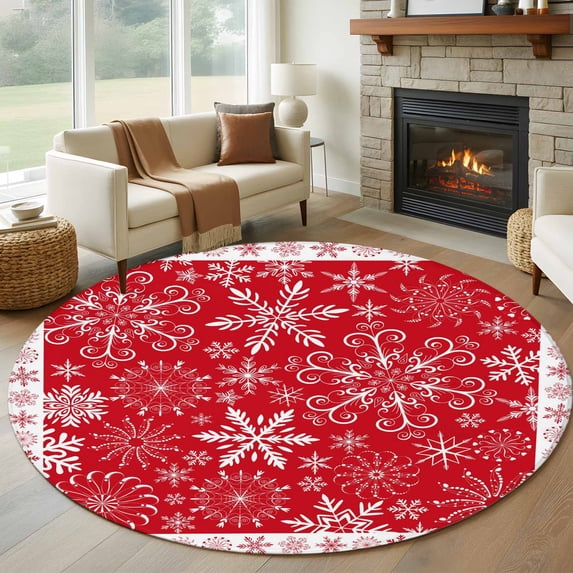 Winter Snowflakes Round Living Room Rugs 6 ft, Christmas Abstract Art Red Background Washable Area Rug with Non-Slip Sturdy Edge Binding Round Carpet for Kitchen Office Bedroom