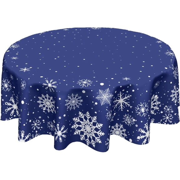 Winter Snowflakes Round Tablecloth Blue Christmas Snow Round Table Cover or Kitchen Dining Decor 60 Inch Washable Xmas Holiday Table Cloth for Home Room Patio Picnic Party Indoor Outdoor Decor