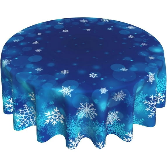 Winter Snowflakes Round Tablecloth, Christmas Blue White Snow Table Cloth 60 Inch for Kitchen Dining Decor, Xmas Polyester Fabric Non-Slip Table Cover for Holiday New Year