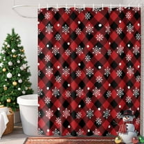 Winter Snowflakes Shower Curtain, 36" x 72", Christmas Snowing Red Black Plaid Modern Waterproof Bathroom Curtain Washable Shower Curtain Set with 12 Hooks
