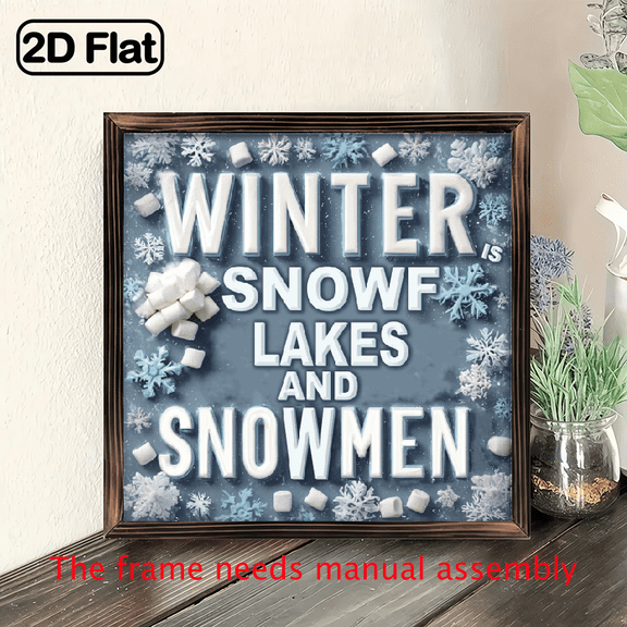 Winter is Snowflakes Snowmen Wooden WallDesk Sign - 8x8in (20x20cm) Wood Plaque with Snowflake Snowman Design, UV Printed Rustic Farmhouse Christmas Decor for Mantel, Shelf, Entryway - Seasonal