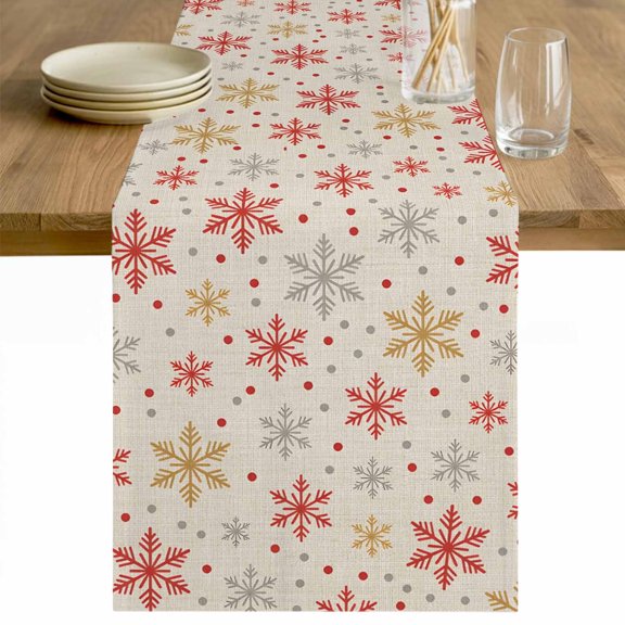 Winter Snowflakes Table Runner - 48 Inch Long Red Yellow Christmas Snowflakes Beige Cotton and Linen Blended Dress Scarves Farmhouse Table Runner for Kitchen Dining, Coffee Table, 13" x 48"