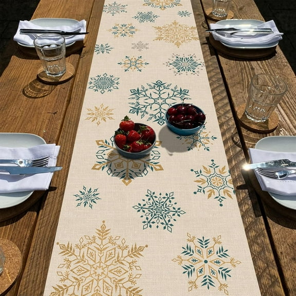 Winter Snowflakes Table Runner, Gold Blue Tabletop Scarf Home Kitchen Christmas Holiday Decor Sign, Seasonal Farmhouse Rustic Burlap Dining Decorations Party Supplies 13 x 36 Inch