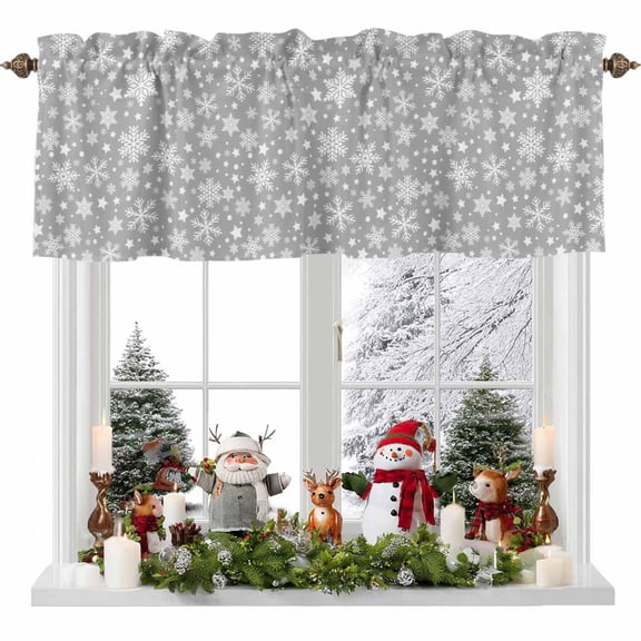 Winter Snowflakes Valance Curtain for Windows Christmas Abstract Art Star Gray Rod Pocket Curtain Valances Short Window Treatments Panels for Kitchen Bathroom Laundry Room Basement 56 x 16 Inch