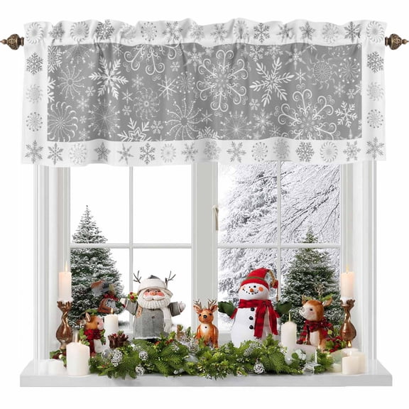 Winter Snowflakes Valances for Windows, 42 x 18in, Christmas Abstract Art Gray Background Rod Pocket Kitchen Valance Curtain Light Filtering Window Treatments for Living Room Bedroom, 1 Panel