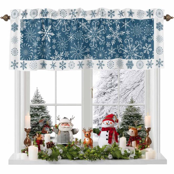 Winter Snowflakes Valances for Windows, 42 x 18in, Christmas Navy Background Farm Rod Pocket Kitchen Valance Curtain Light Filtering Window Treatments for Living Room Bedroom, 1 Panel