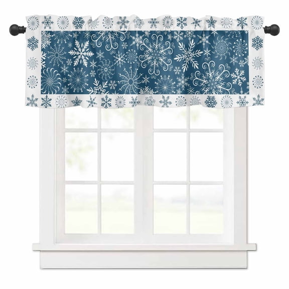 Winter Snowflakes Valances for Windows Christmas Navy Background Farm Rod Pocket Curtain Valance Window Treatment Short Curtains for Kitchen Living Room, 42"x12"